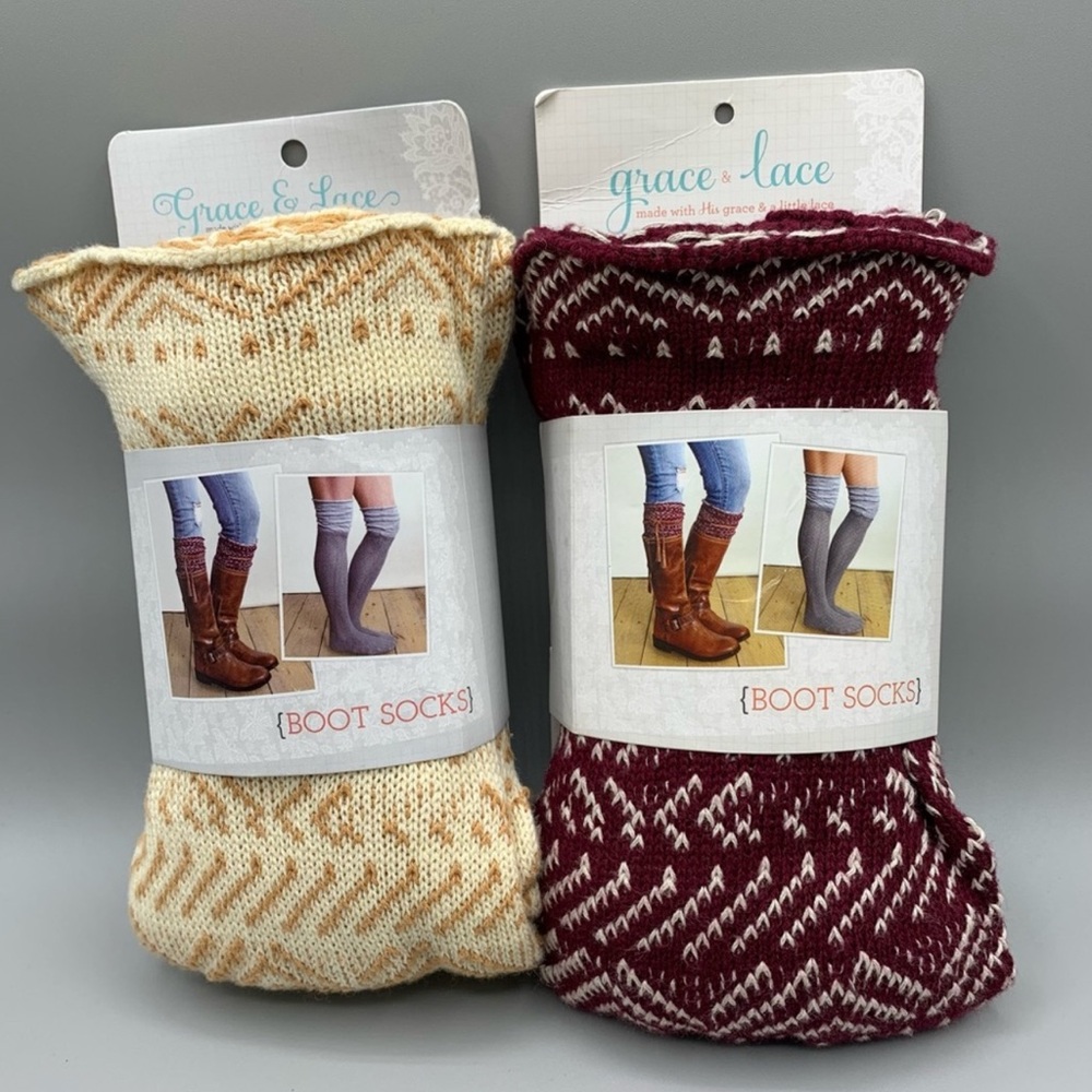 Grace & Lace Cozy Boot Socks Set of 2 pairs-Maroon and Cream One Size NWT